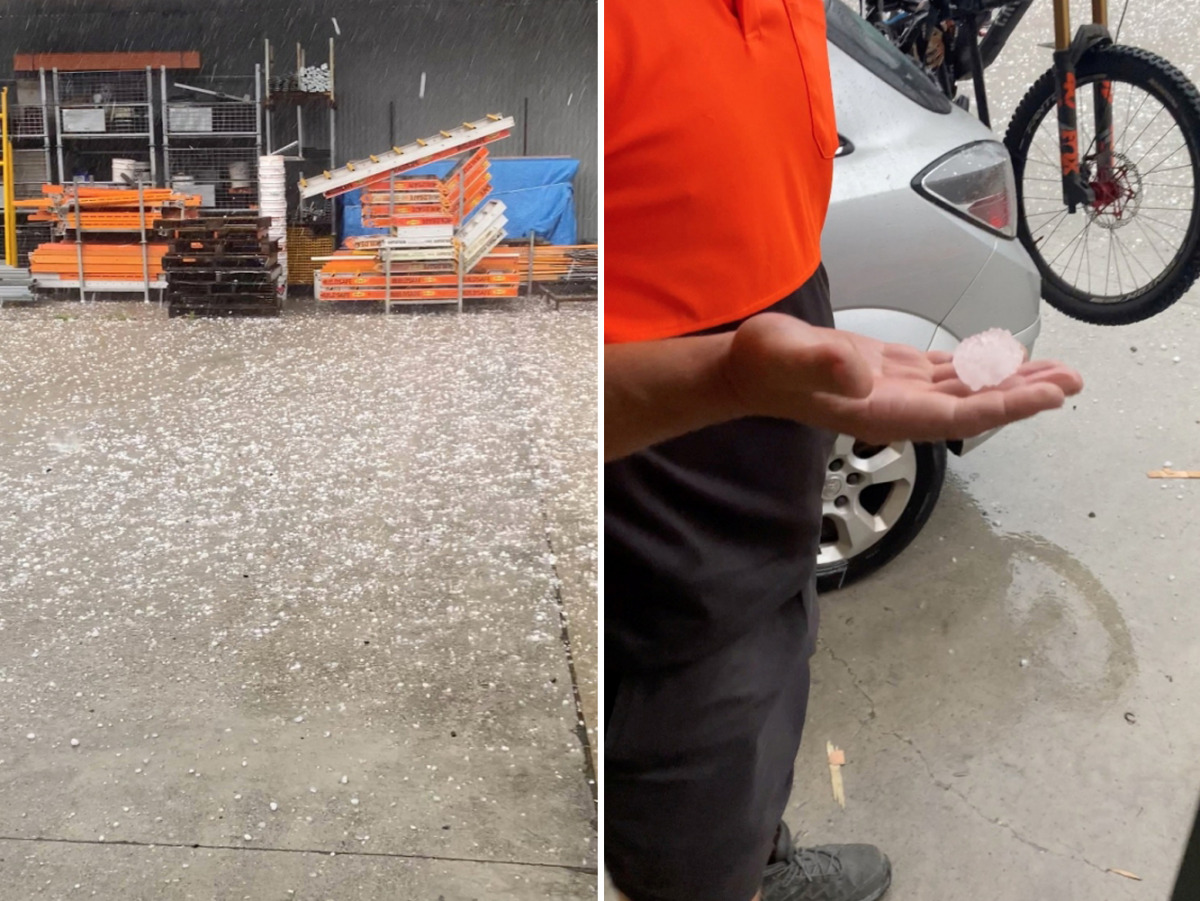 Hailstones in Gold Coast, Queensland, Australia October 19, 2021, in this still image obtained from video. Courtesy of Greg Hateley / Social Media via Reuters