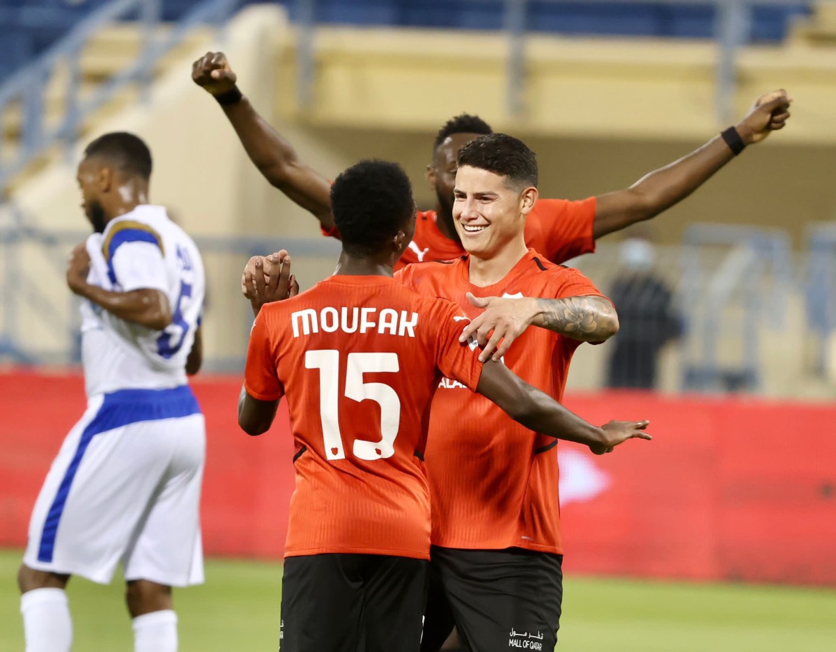 James Rodriguez celebrates with team-mates after scoring his first goal for Al Rayyan yesterday.