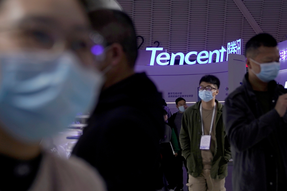 A logo of Tencent is seen during the World Internet Conference (WIC) in Wuzhen, Zhejiang province, China, November 23, 2020. REUTERS/Aly Song/File Photo