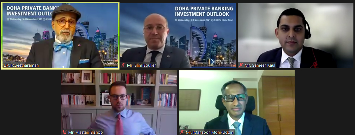 Dr. R Seetharaman, Doha Bank CEO with other panellists during the 'Doha Private Banking Investment Outlook’ webinar.