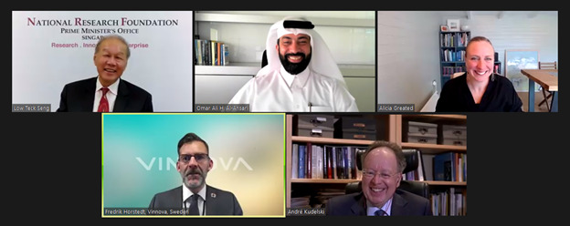 Secretary-General at QRDI Council Omar Ali Al Ansari with officials during the ‘Fostering Innovation Ecosystems: A Global Perspective’ webinar.
