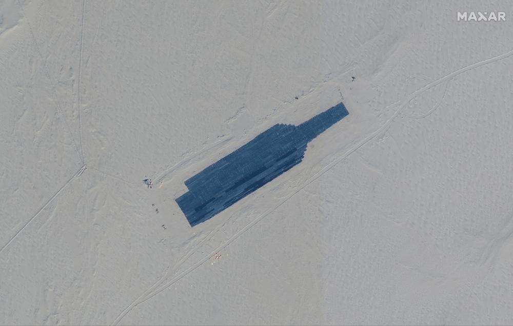 A satellite picture shows a carrier target in Ruoqiang, Xinjiang, China, October 20, 2021. Satellite Image 2021 Maxar Technologies/Handout via Reuters.