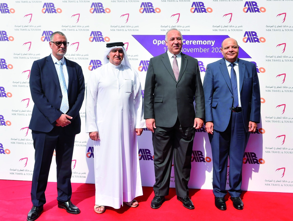 Sheikh Nawaf Nasser bin Khaled Al Thani, Chairman of Nasser Bin Khaled & Sons Holding; Hussein Sherif, Chairman of Air Cairo and other officials during the inauguration ceremony of a new office of Air Cairo at C Ring Road. Pic: Abdul Basit / The Peninsula 