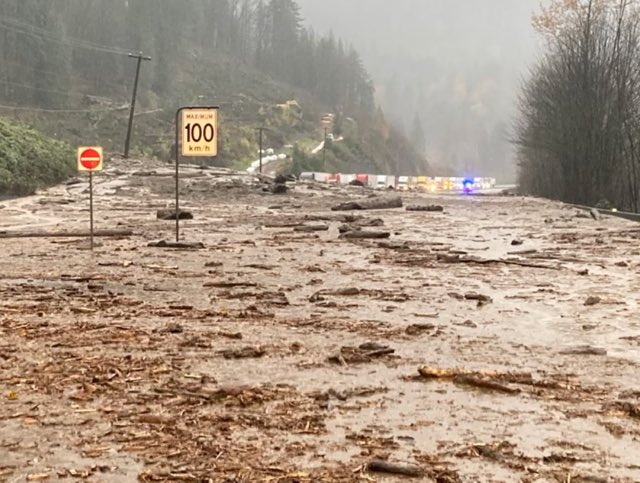 A view of a road near Popkum following mudslides and flooding in British Columbia, Canada November 14, 2021, in this picture obtained from social media on November 15, 2021. Courtesy of British Columbia Transportation/via REUTERS 
