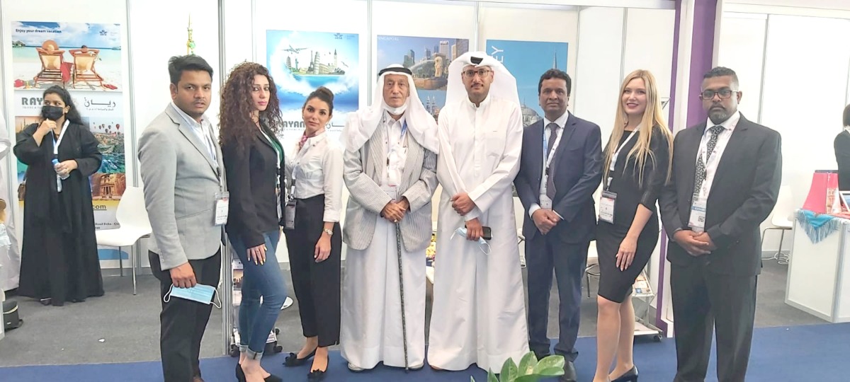 Al Darwish United Holding Group Chairman Yousuf Jassim Al Darwish along with Director Abdul Rahman Darwish Al Darwish and Head of Rayan Travel & Tours Zaheer Yousuf at the booth of Rayan Travel and Tours at the Qatar Travel Mart 2021. 