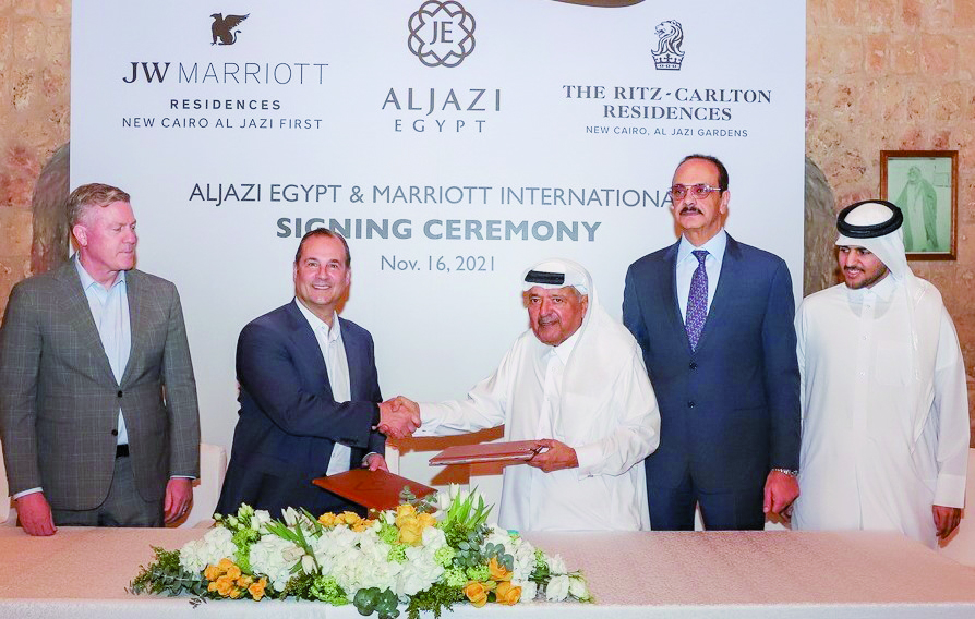 Chairman of ARTIC Sheikh Faisal bin Qassim Al Thani (third right), CEO of Marriott International Anthony Capuano (second left), and other officials, during the signing of the agreement in Doha, recently. 