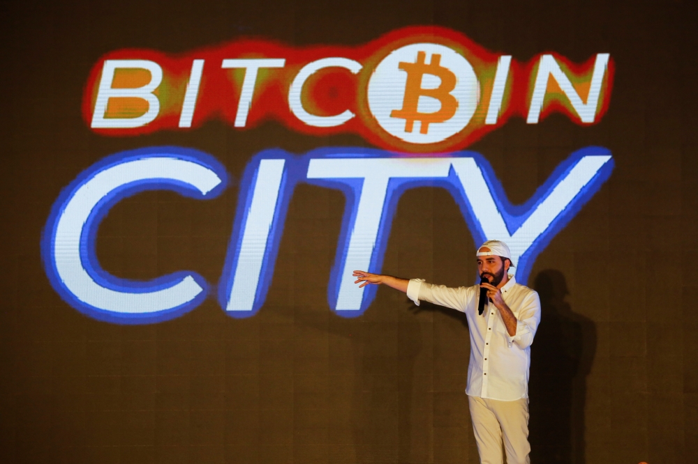 El Salvador's president Nayib Bukele speaks at the closing party of 