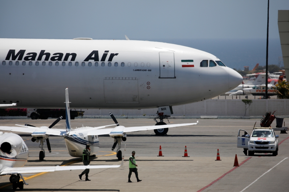  An Airbus A340-600 airplane of Mahan Air is seen at Simon Bolivar International Airport outside Caracas, Venezuela April 8, 2019. Reuters/Carlos Garcia Rawlins/File Photo