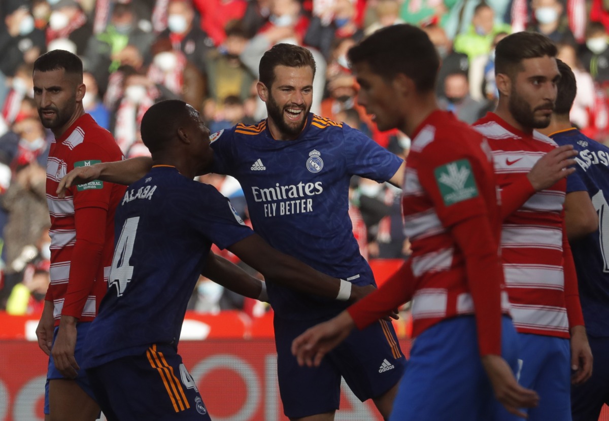 Real Madrid's Nacho celebrates scoring their second goal with David Alaba REUTERS/Jon Nazca
