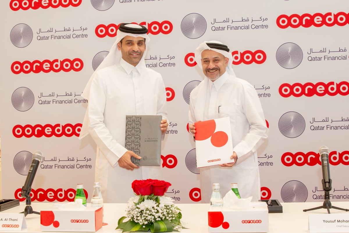 Yousuf Mohamed Al Jaida, Chief Executive Officer of Qatar Financial Centre and Sheikh Mohammed bin Abdulla Al Thani, Chief Executive Officer at Ooredoo during the event.