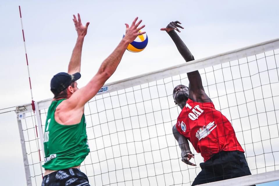 Qatar's Cherif Younousse in action against Australia’s Christopher McHugh and Paul Burnett in the semi-finals of the Asian Beach Volleyball Championships in Phuket, Thailand, yesterday.