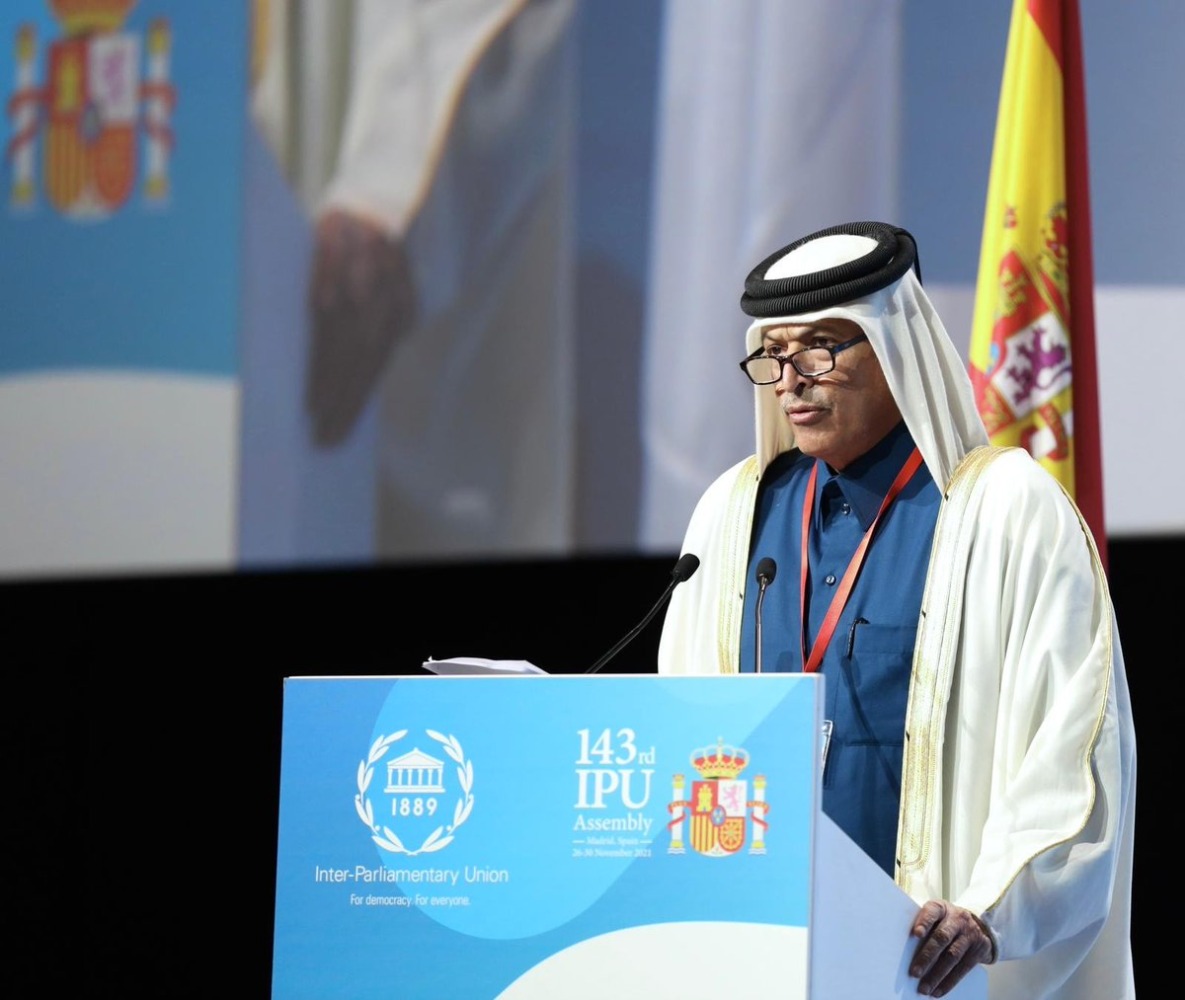 Speaker of the Shura Council H E Hassan bin Abdullah Al Ghanem speaking on Saturday at the plenary session of the five-day 143rd Assembly of the IPU in Madrid, Spain
