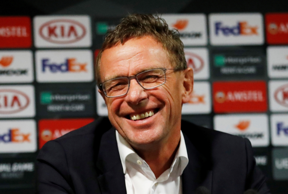 Leipzig coach Ralf Rangnick during the press conference Action Images via Reuters/Carl Recine/File Photo
