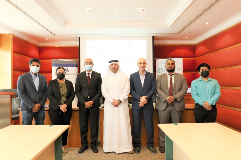 AAB Chief Executive Officer R.K. Murugan (third left) and SRSC Vice-Chairman Saqr Saeed Al Mohannadi (fourth right), with other officials, during the signing of the partnership agreement, in Doha, recently. 