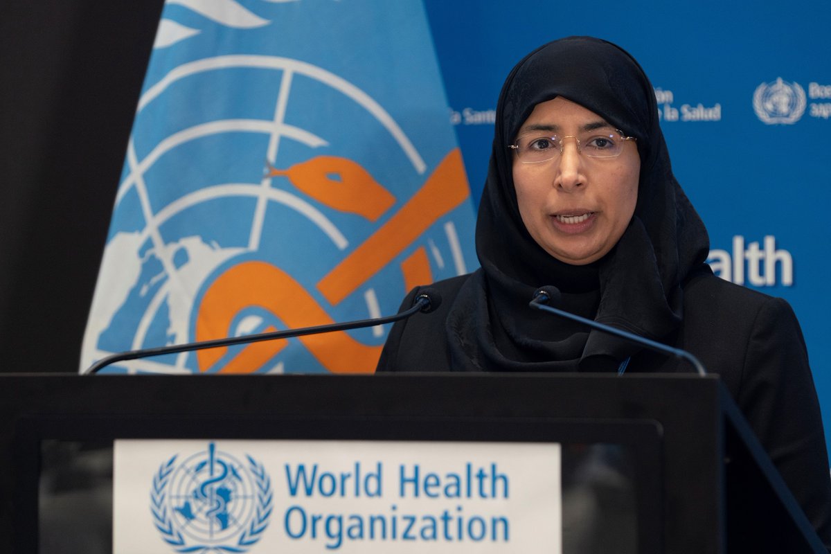 Minister of Public Health H E Dr. Hanan Mohamed Al Kuwari speaking at the conclusion of the extraordinary meeting of the World Health Assembly, in Geneva. 