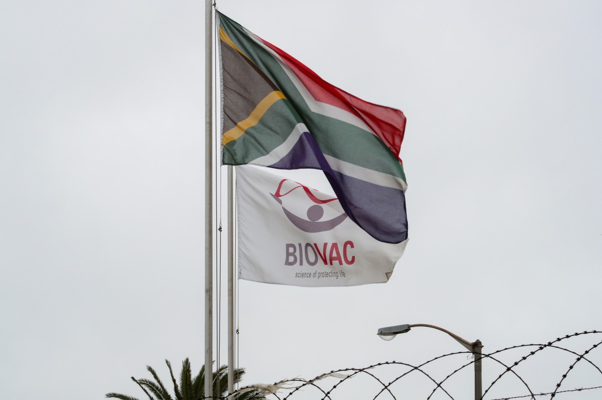 FILE PHOTO: A South African flag flies beside a flag bearing the logo of the local vaccine manufacturing and storage company Biovac, outside the company's offices in Cape Town, South Africa, March 18, 2021. REUTERS/Mike Hutchings/File Photo
