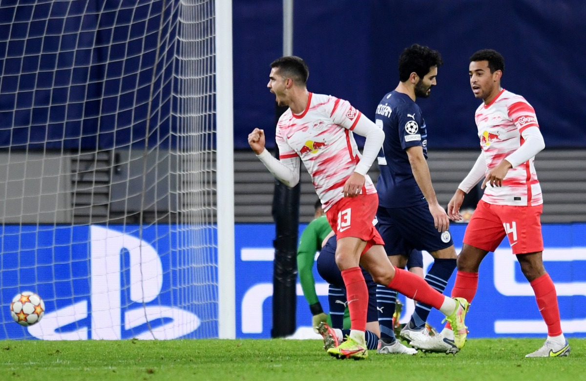 RB Leipzig's Andre Silva celebrates scoring their second goal REUTERS/Annegret Hilse
