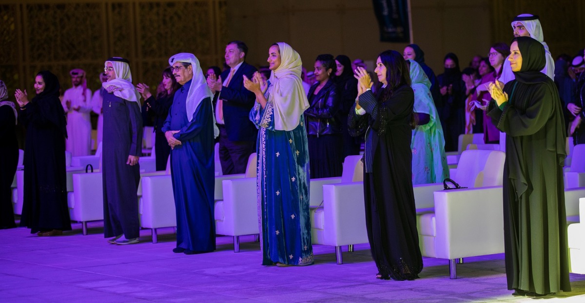 Minister of State and Qatar National Library President, H E Dr. Hamad bin Abdulaziz Al Kuwari; Minister of Sports and Youth, H E Salah bin Ghanem Al Ali; Minister of Education and Higher Education, H E Buthaina bint Ali Al Jabr Al Nuaimi; and Vice-Chairperson and CEO of Qatar Foundation, H E Sheikha Hind bint Hamad Al Thani, at the opening of D’reesha Performing Arts Festival, yesterday. 
