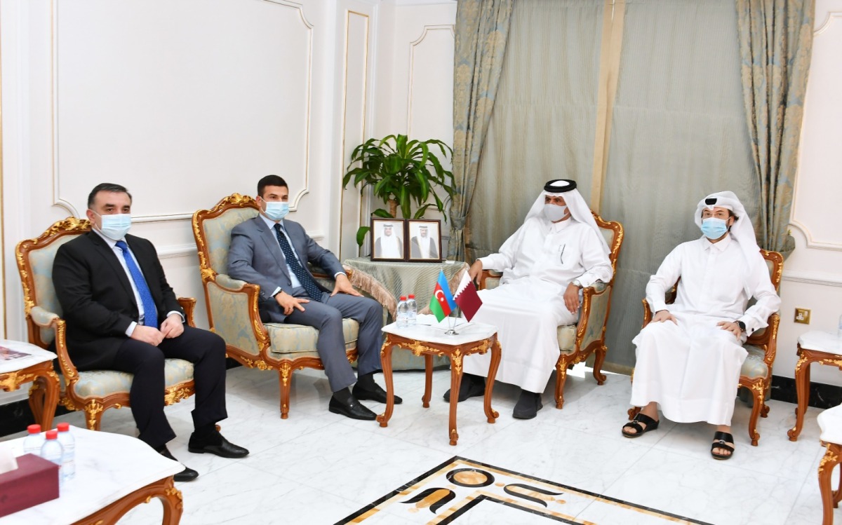 Qatar Chamber First Vice-Chairman Mohamed bin Towar Al Kuwari  during a meeting with a delegation from Azerbaijan headed by the Chairman of the Management Board of SME Business Development Agency of the Republic of Azerbaijan Orkhan Mammadov and attended by Ambassador of Azerbaijan to the State of Qatar H E Rashad Ismayilov.