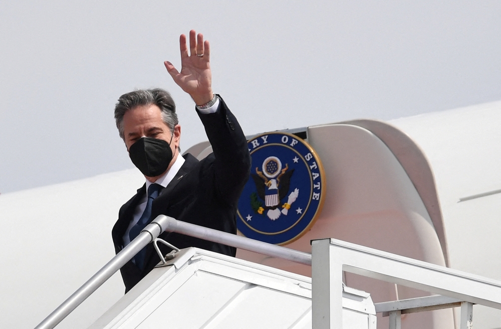 US Secretary of State Antony Blinken arrives at the Soekarno-Hatta International Airport in Tangerang, near Jakarta, Indonesia December 13, 2021. Olivier Douliery/Pool via Reuters