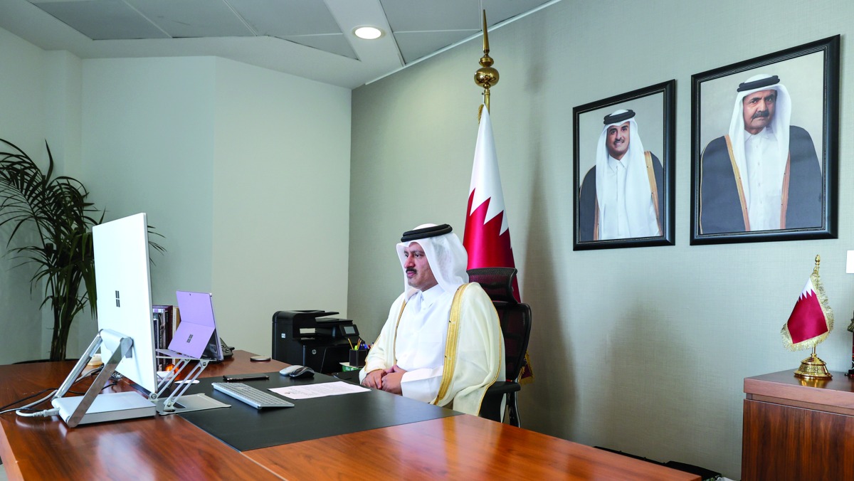 Undersecretary of the Ministry of Commerce & Industry H E Sultan bin Rashid Al Khater attending the proceedings of the 27th edition of the Partnership Summit 2021 via video conferencing.