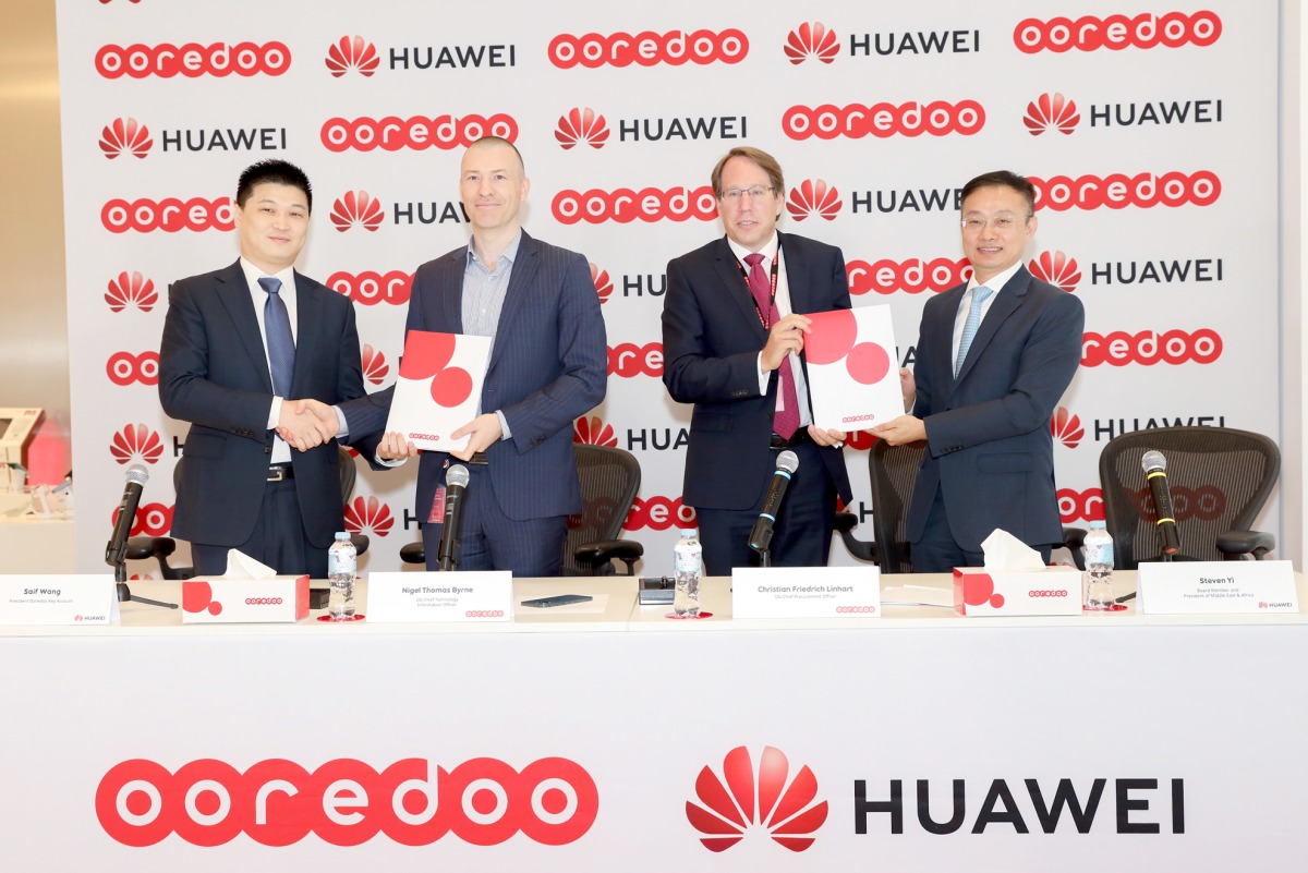 Ooredoo Group and Huawei officials Saif Wang, Nigel Byrne,  Christian Linhart, and Steven Yi during the agreement signing ceremony, recently. 
