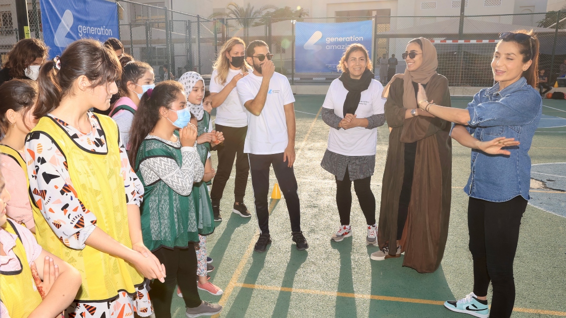 Nadia Nadim with Afghan refugees.