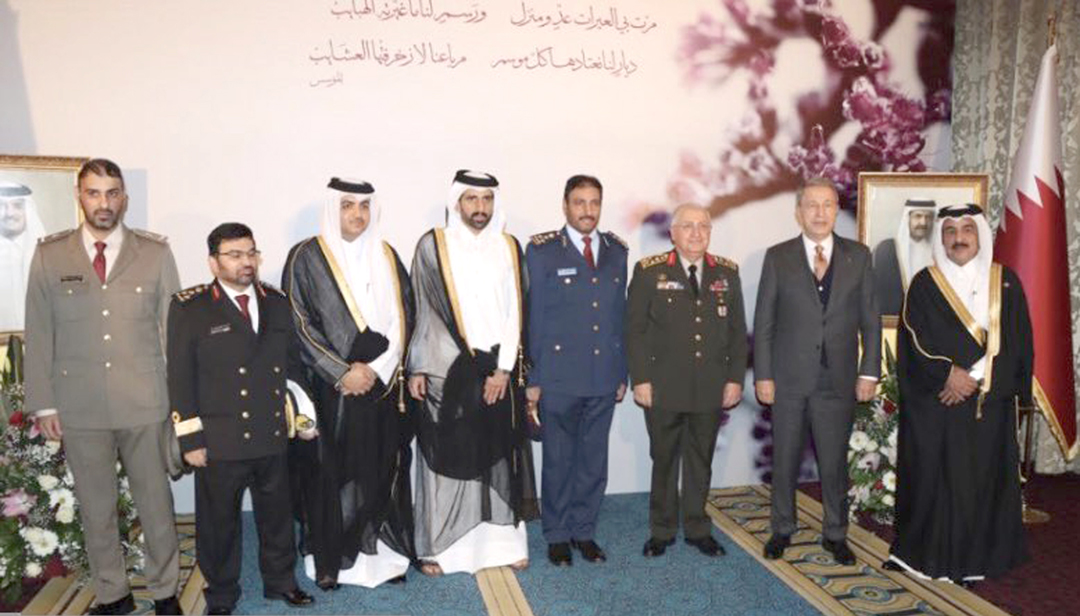 Turkey's Minister of National Defence H E Hulusi Akar; Chief of the Turkish General Staff H E General Yasar Guler; Qatar's Ambassador to Turkey H E Sheikh Mohammed bin Nasser Al Thani; and other dignitaries during a celebration organised in Ankara to mark Qatar National Day. 