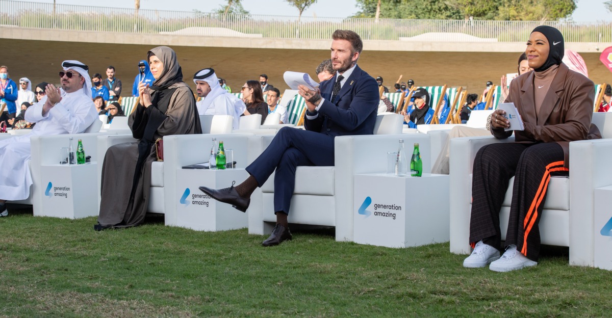 Assistant Foreign Minister H E Lolwah Rashid Al Khater; former professional footballer David Beckham and American Olympic champion Ibtihaj Muhammad during the closing ceremony of Generation Amazing. 