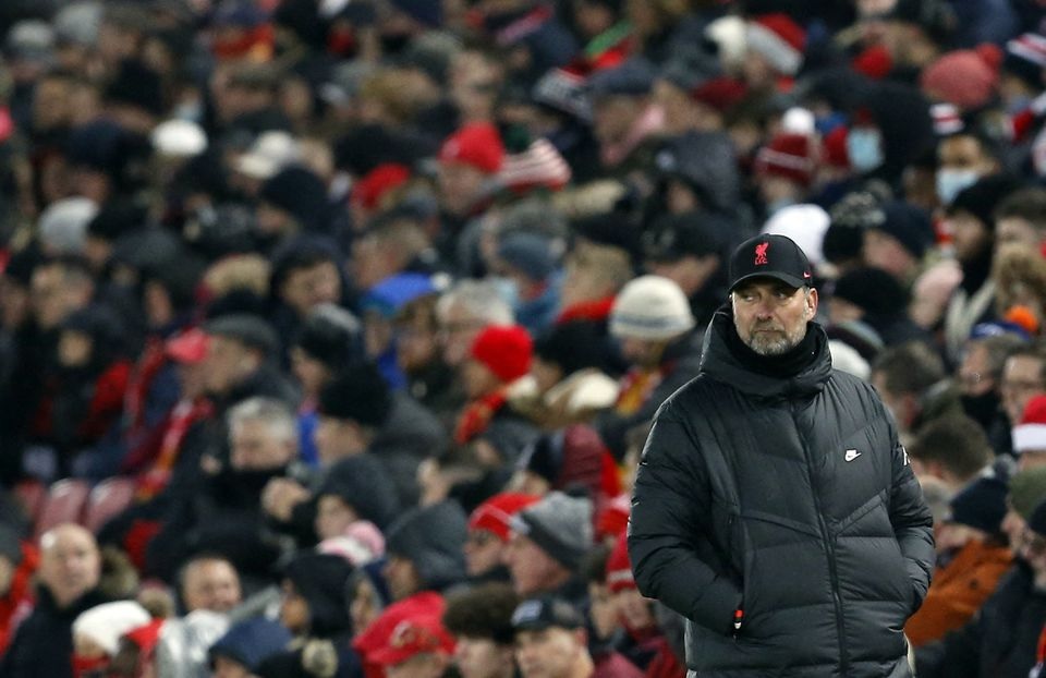 December 22, 2021 Liverpool manager Juergen Klopp looks dejected REUTERS/Craig Brough