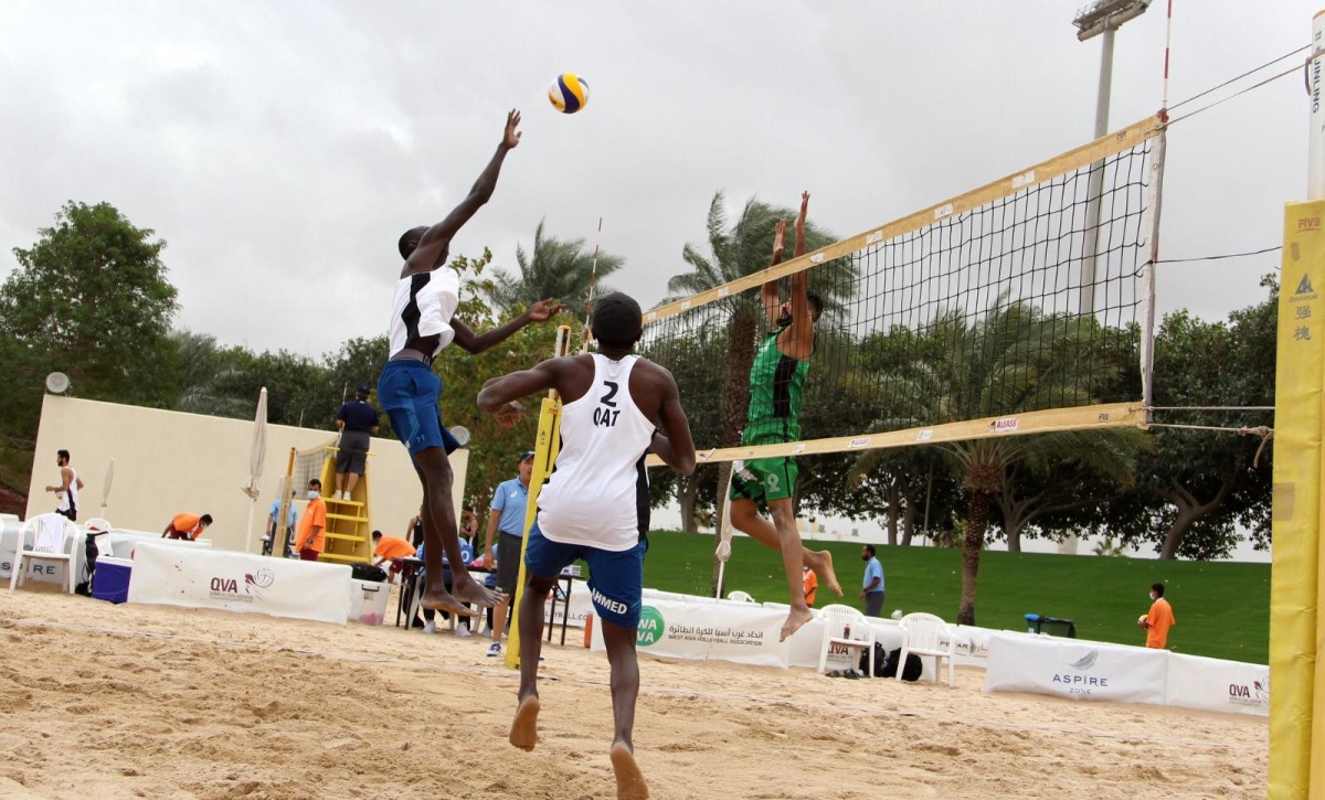 Qatar’s Tijan Ahmed and Abdullah Nasim in action against Saudi Arabia's Ali Mahfouz and Hassan Alabdulbaqi in their opening Group A encounter of the West Asia Beach Volleyball Zonal Tour at the Aspire Zone Beach Volleyball Courts, yesterday.