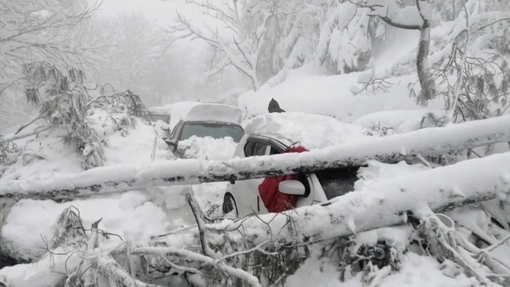 Vehicles stuck under fallen trees are seen on a snowy road, in Murree, northeast of Islamabad, Pakistan in this still image taken from a video January 8, 2022. PTV/REUTERS 