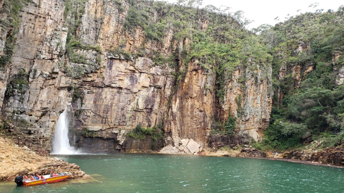 A view shows the site where a wall of rock collapsed on top of motor boats below a waterfall as firefighters of Minas Gerais state (not pictured) seek for victims, in Capitolio, in Minas Gerais state, Brazil January 8, 2022. Fire Brigade of Minas Gerais/Handout via REUTERS 