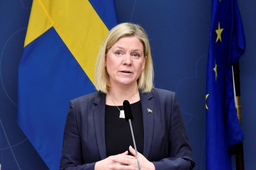 Sweden's Prime Minister Magdalena Andersson presents new coronavirus disease (COVID-19) restrictions during a news conference in Stockholm, Sweden January 10, 2022. TT News Agency/Marko Saavala via REUTERS