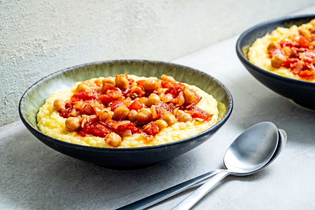 Polenta with chickpeas and tomatoes. Photo for The Washington Post by Scott Suchman