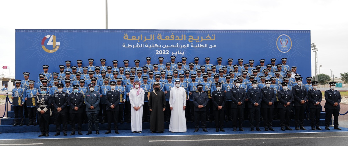 Prime Minister, Minister of Interior and Chairman of the Supreme Council of the Police College H E Sheikh Khalid bin Khalifa bin Abdulaziz Al Thani attending the ceremony of handing over certificates to graduates of the fourth batch of the Police College at the Police Training Institute, yesterday. 
