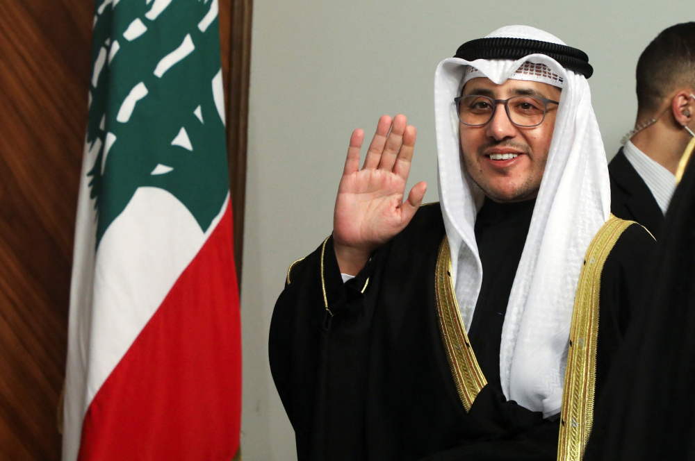 Kuwait's Foreign Minister Sheikh Ahmad Nasser Al-Mohammad Al-Sabah gestures after meeting with Lebanon's Prime Minister Najib Mikati in Beirut, Lebanon January 22, 2022. REUTERS/Mohamed Azakir