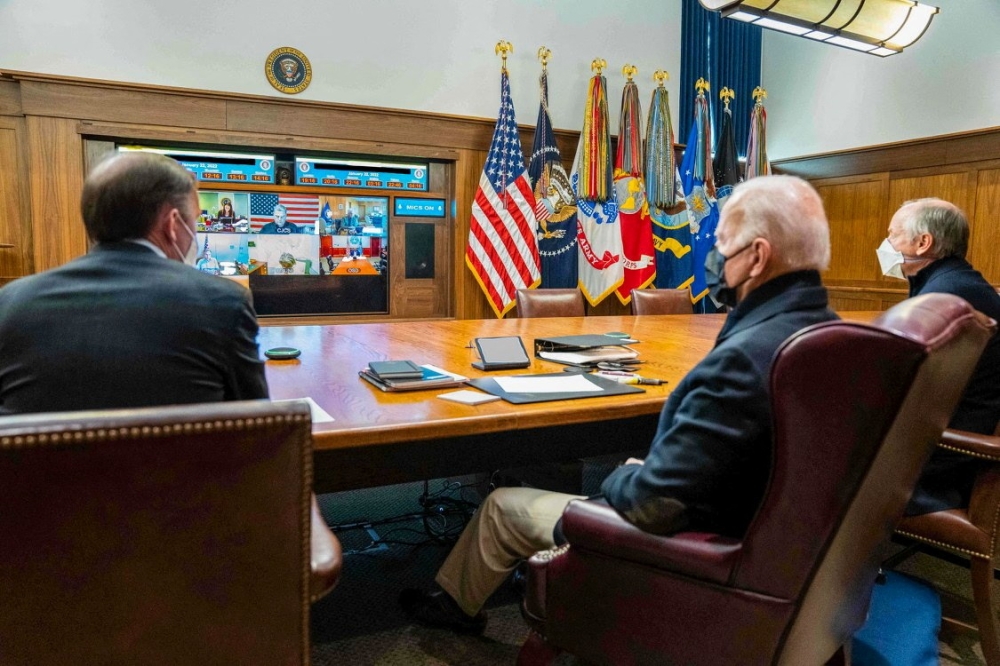 US President Joe Biden holds a meeting with his national security team on the Russia-Ukraine crisis, at Camp David, in Maryland, U.S. January 22, 2022. The White House/Handout via Reuters