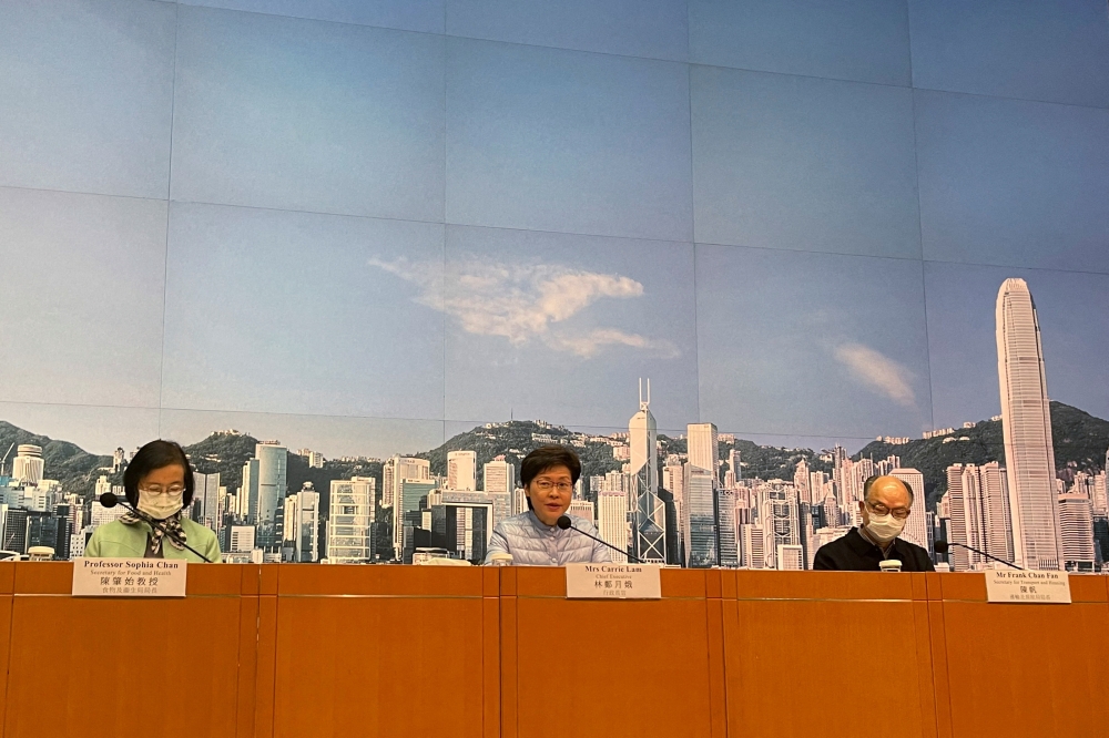 Hong Kong Chief Executive Carrie Lam speaks without a mask during a news conference in Hong Kong, China January 22, 2022. Reuters/Joyce Zhou/File Photo