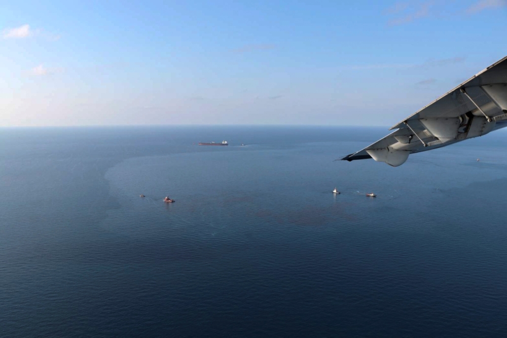 An aerial view shows oil spill which leaked from an undersea pipeline that belongs to Star Petroleum Refining Public Company Limited, in the Gulf of Thailand, Near Rayong province, Thailand, January 26, 2022. Royal Thai Navy/Handout via Reuters