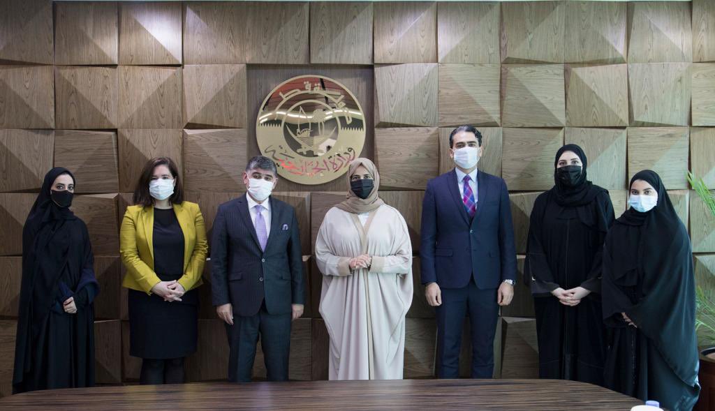 Assistant Foreign Minister and Spokesperson for the Ministry of Foreign Affairs H E Lolwah bint Rashid Al Khater with Ambassador of Turkey H E Mehmet Mustafa Goksu and other officials. 
