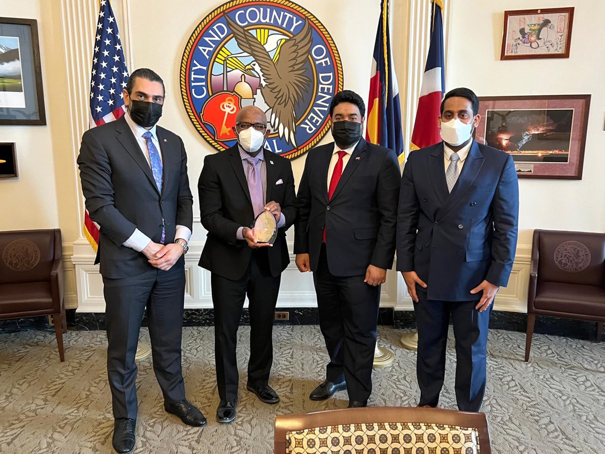 Mohammed Barakat, USQBC Managing Director & Treasurer of the Board of Directors, and Fahad Al Dosari, Qatar’s Commercial Attaché to the United States, during a meeting with Michael Hancock, Mayor of Denver, in the US, on Thursday. 