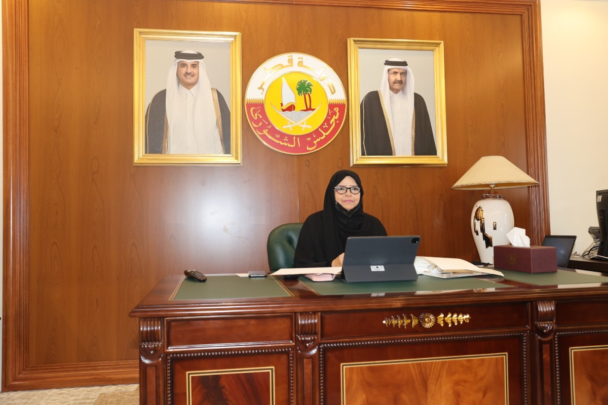 H E Sheikha bint Yousuf Al Jufairi attending the workshop organised by the Arab Parliament, via video conferencing.
