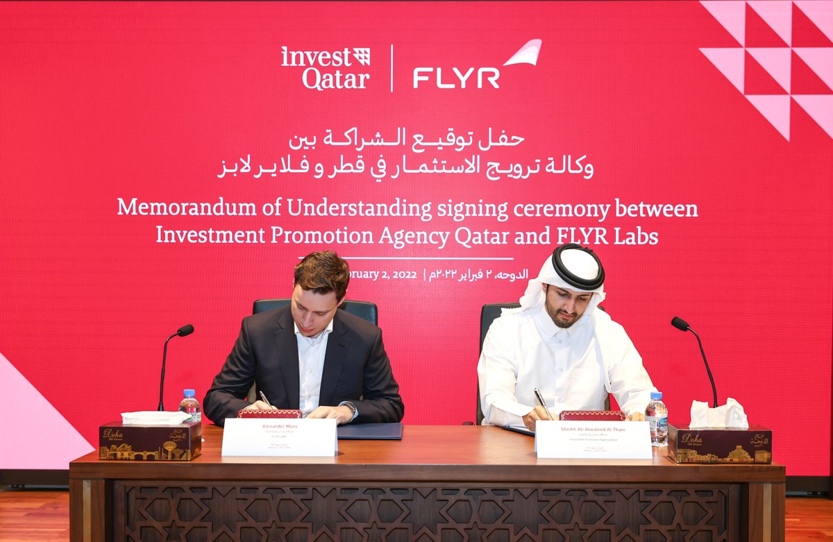 CEO, IPA Qatar Sheikh Ali Alwaleed Al Thani, and Founder and CEO, FLYR Labs Alex Mans during MoU signing ceremony.  