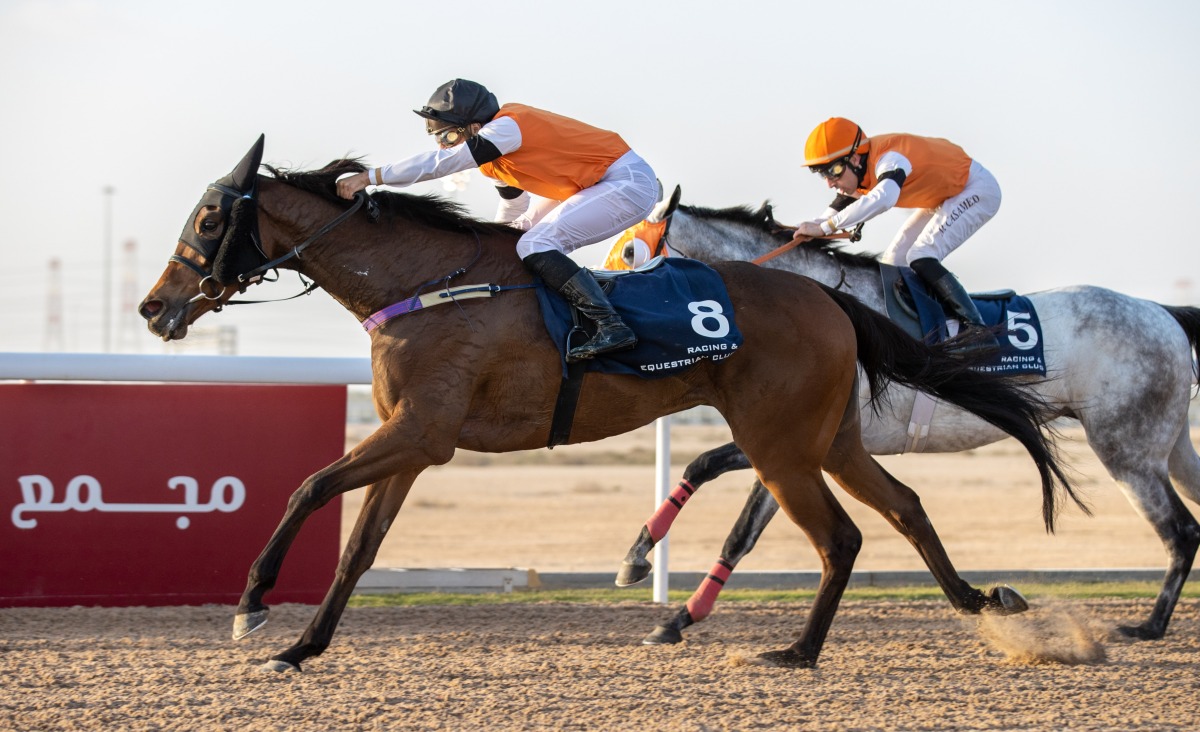 Qawaafi, with jockey Soufiane Saadi in the saddle, reaches the finish line to win the Ain Sinan Cup.