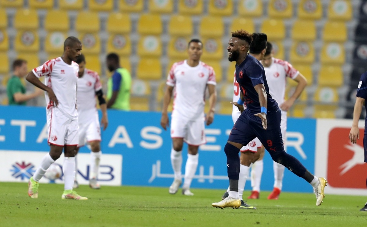 Aaron Boupendza celebrates after scoring a goal against Al Shamal.