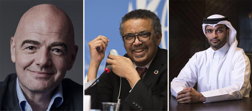 From left: FIFA President Gianni Infantino, Director-General of the World Health Organisation (WHO) Dr. Tedros Adhanom Ghebreyesus, and Secretary-General of the Supreme Committee for Delivery and Legacy (SC) Hassan Al Thawadi