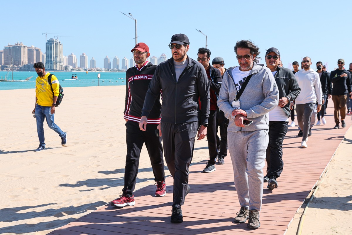 Minister of Commerce and Industry H E Sheikh Mohammed bin Hamad bin Qassim Al Thani and other officials during sports activities held at Katara Cultural Village.