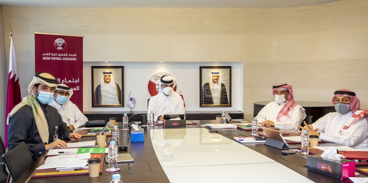 President of the QSL Sheikh Hamad bin Khalifa bin Ahmed Al Thani chairs the Ordinary General Assembly meeting yesterday.