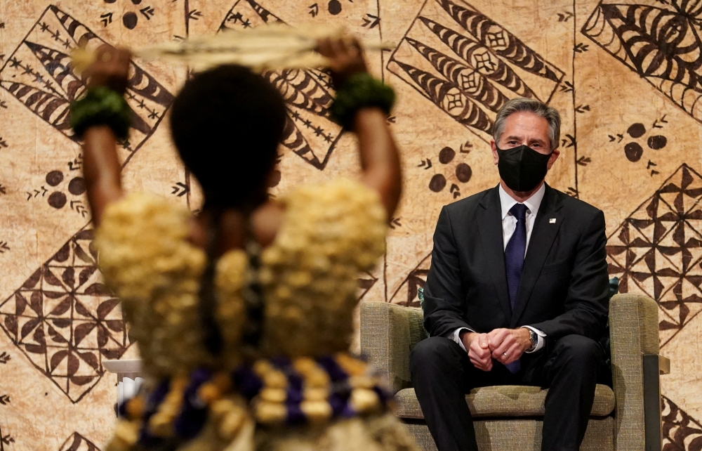 US Secretary of State Antony Blinken watches a cultural farewell ceremony during his visit to Nadi, Fiji, February 12, 2022. Reuters/Kevin Lamarque/Pool